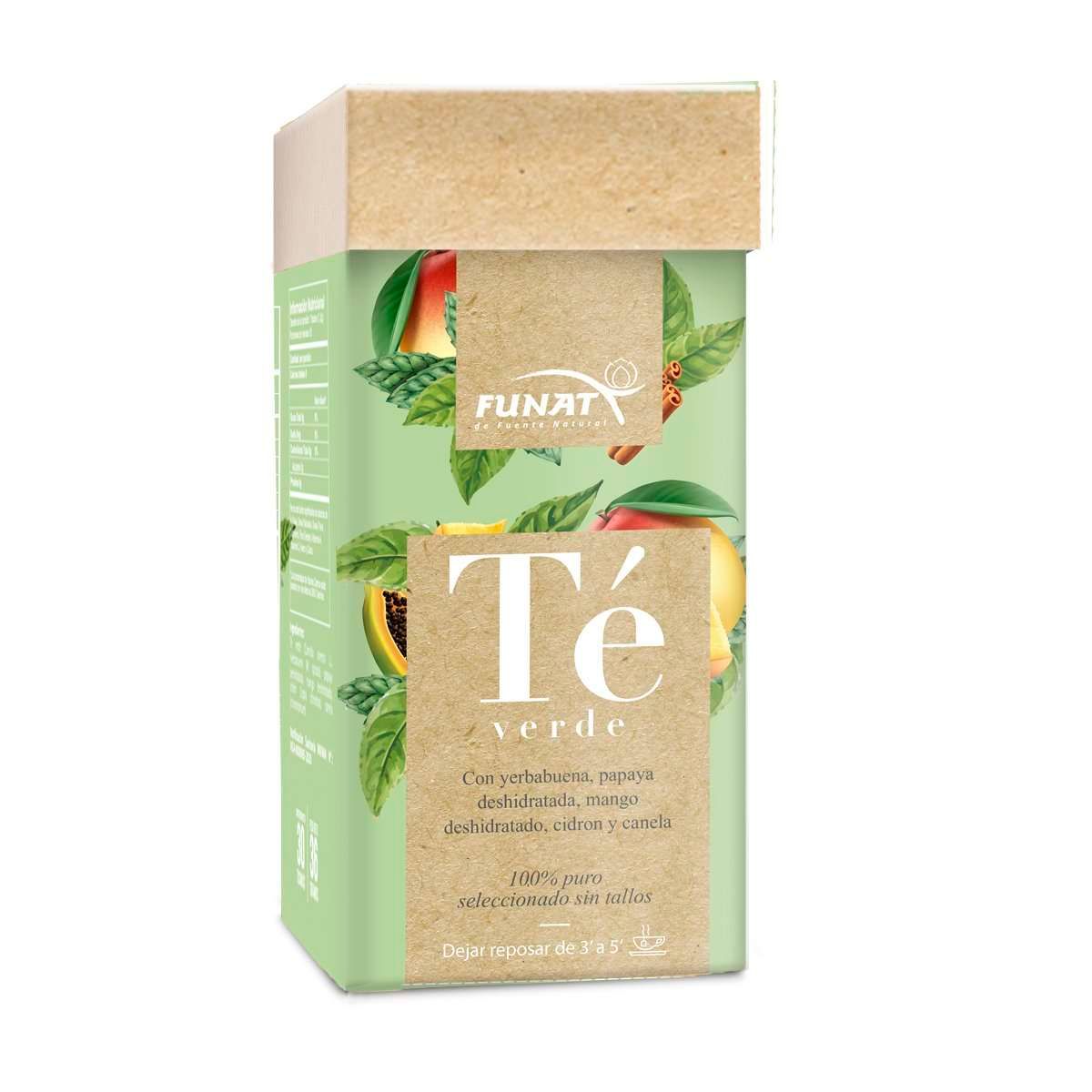 Caja de té verde con tapa beige, hojas de menta y el texto grande en blanco 