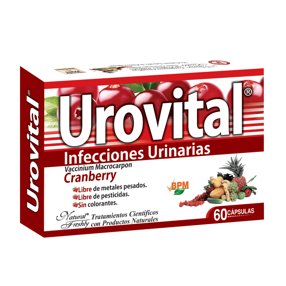 Caja de medicamento Urovital para infecciones urinarias, blanca y roja con arándano y 60 cápsulas.