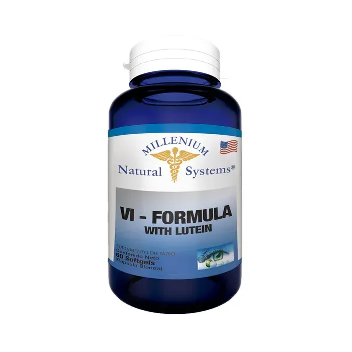 Frasco azul del suplemento dietético Millennium Natural Systems VI-Formula con luteína.