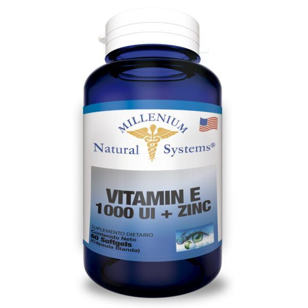 Frasco azul del suplemento de vitamina E 1000 UI + zinc de Millenium Natural Systems.