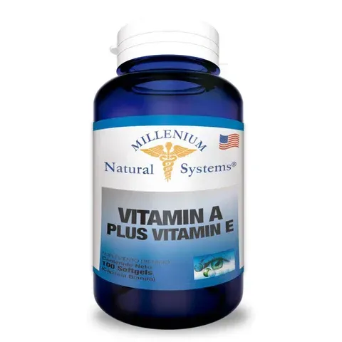Frasco azul del suplemento de vitamina A Plus y vitamina E de Millennium Natural Systems.