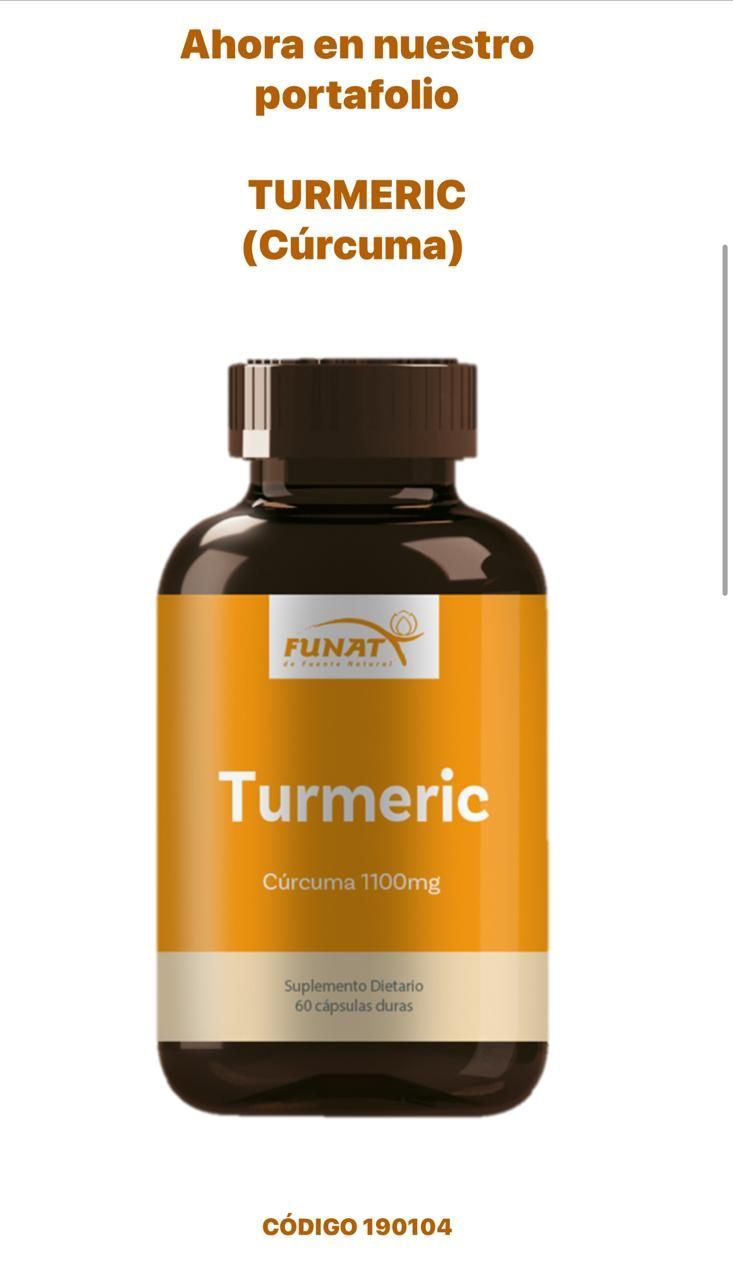Frasco de suplemento de cúrcuma sobre fondo blanco con etiqueta naranja y texto en español que anuncia un nuevo producto.