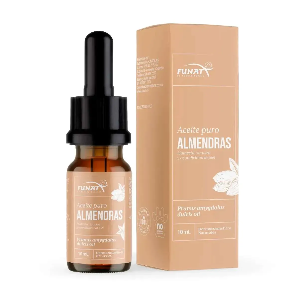 Frasco cuentagotas de color ámbar con aceite de almendras junto a una caja de producto de color beige sobre un fondo blanco.