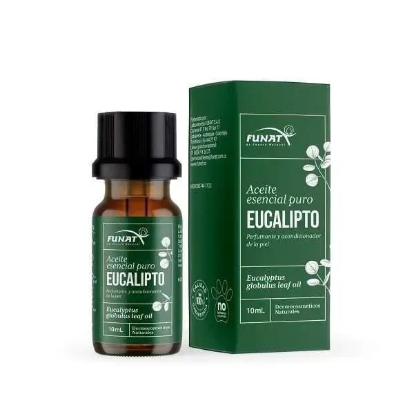 Botella de aceite esencial de eucalipto y caja verde sobre fondo blanco.