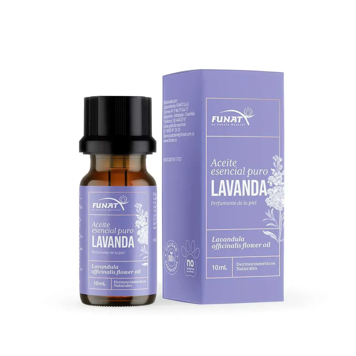 Frasco de aceite esencial de lavanda y caja morada a juego sobre fondo blanco.