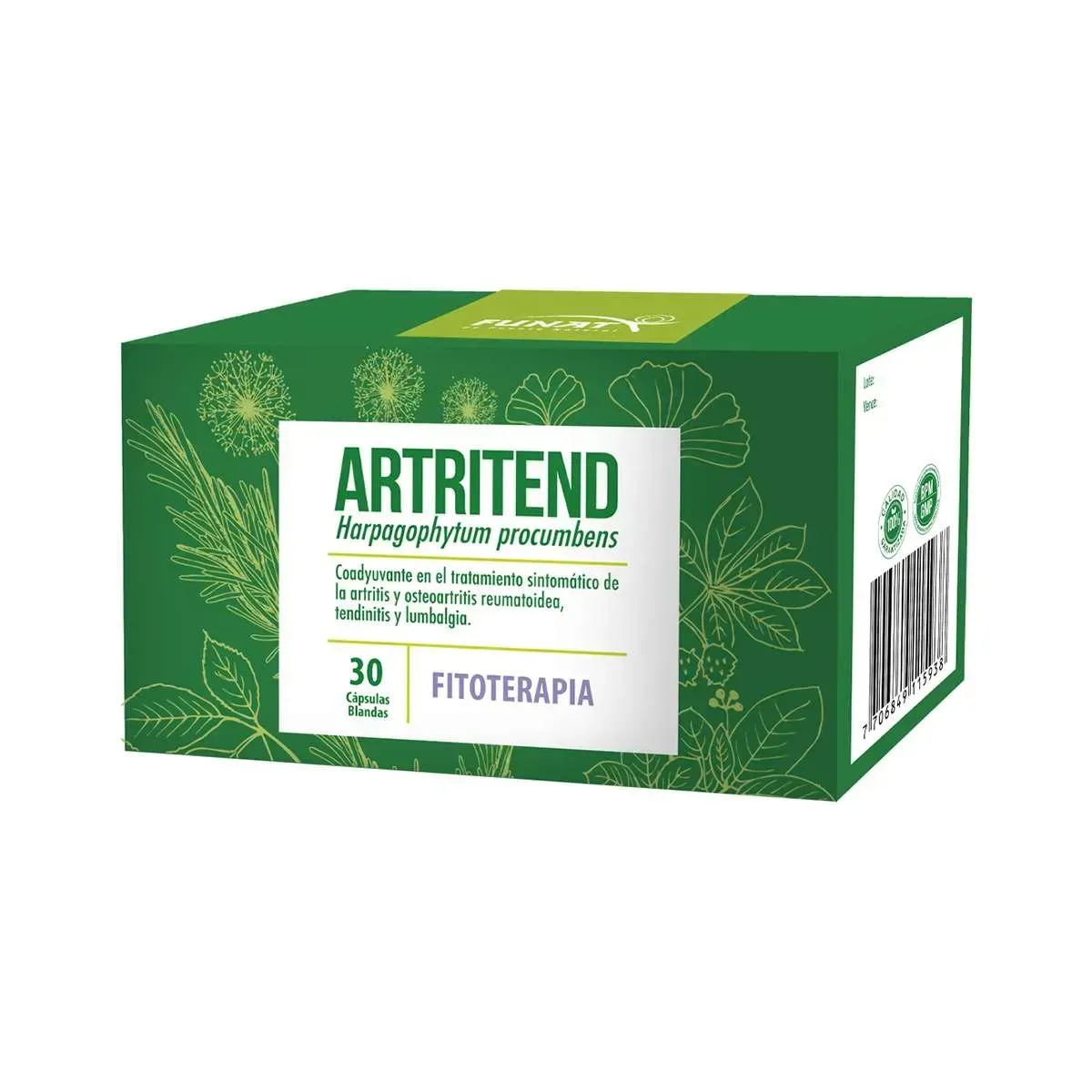 Caja verde para suplementos herbales ARTRITEND con etiqueta blanca y diseño floral.