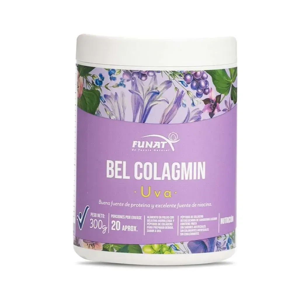Tarro morado de suplementos Bel Colagin con etiqueta floral y tapa blanca.