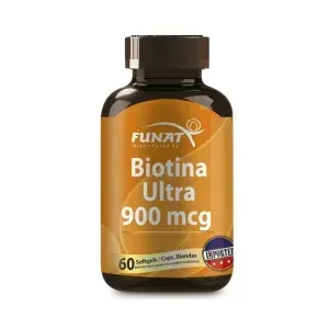 Frasco de suplemento Funat Biotina Ultra 900 mcg con etiqueta naranja.