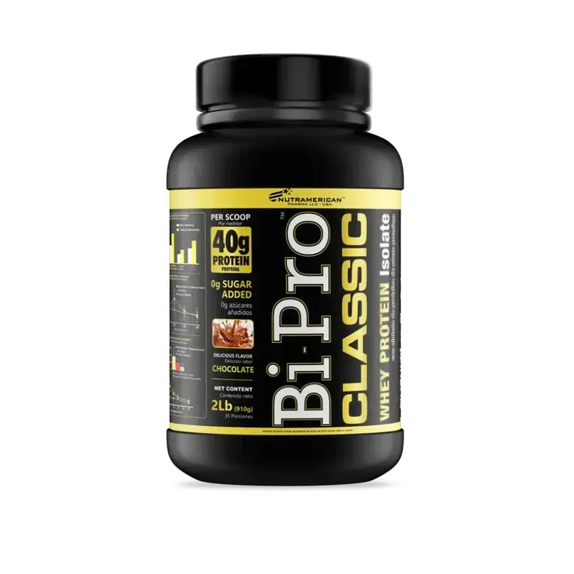 Botella negra de suplemento proteico BPI Sports BPI Pro Classic con etiqueta y tapa amarillas.