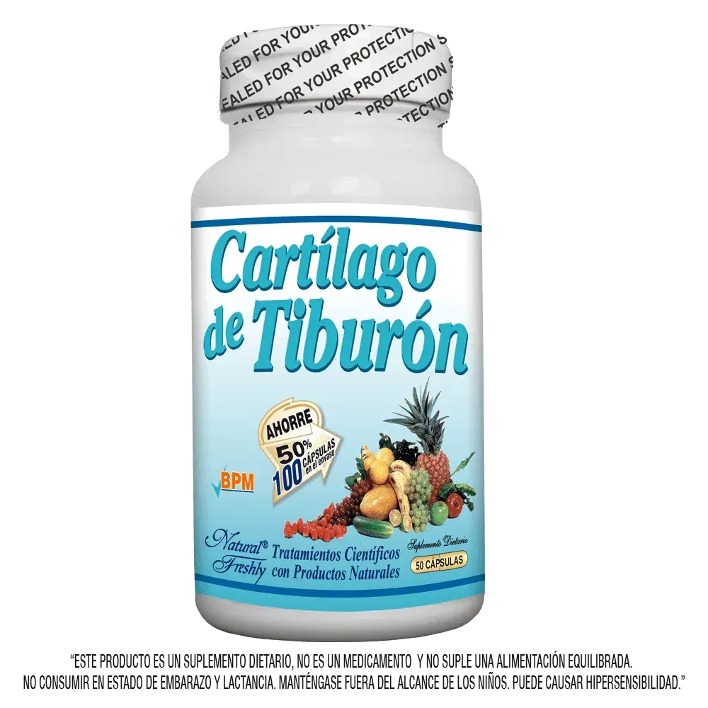 Botella de suplemento Cartílago de Tiburón con etiqueta azul y gráficos de frutas sobre fondo blanco.