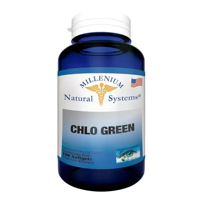 Frasco azul del suplemento Chlo Green de Millennium Natural Systems con tapa blanca.