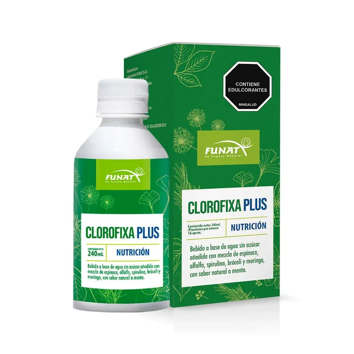 Botella verde de Clorofixa Plus Nutrition junto a un envase a juego.