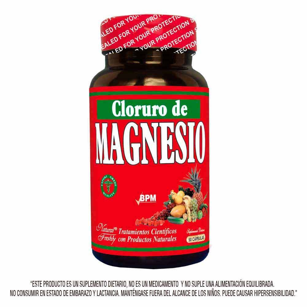 Botella roja etiquetada como “Cloruro de Magnesio” con tapón rojo e ilustración de hierbas sobre fondo blanco.