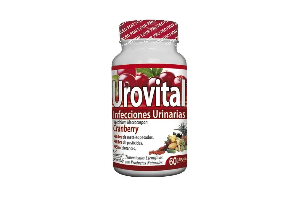 Frasco de medicamento urinario Urovital con etiqueta roja y tapa blanca sobre fondo blanco.