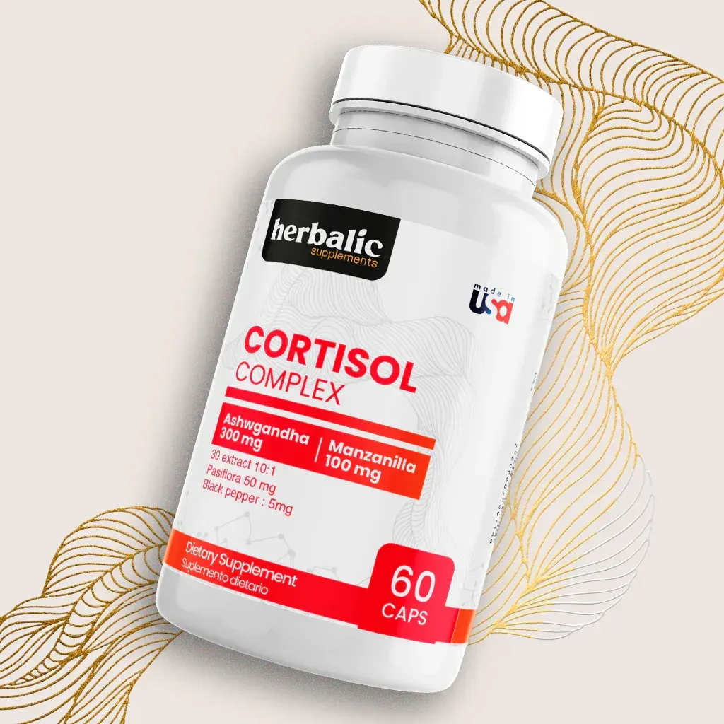 Frasco blanco del suplemento Herbalife Cortisol Complex con etiqueta roja sobre fondo claro.