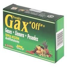 Caja de medicamentos antiespumante Green Freshb GAX Off con diseño de fruta y cápsula.