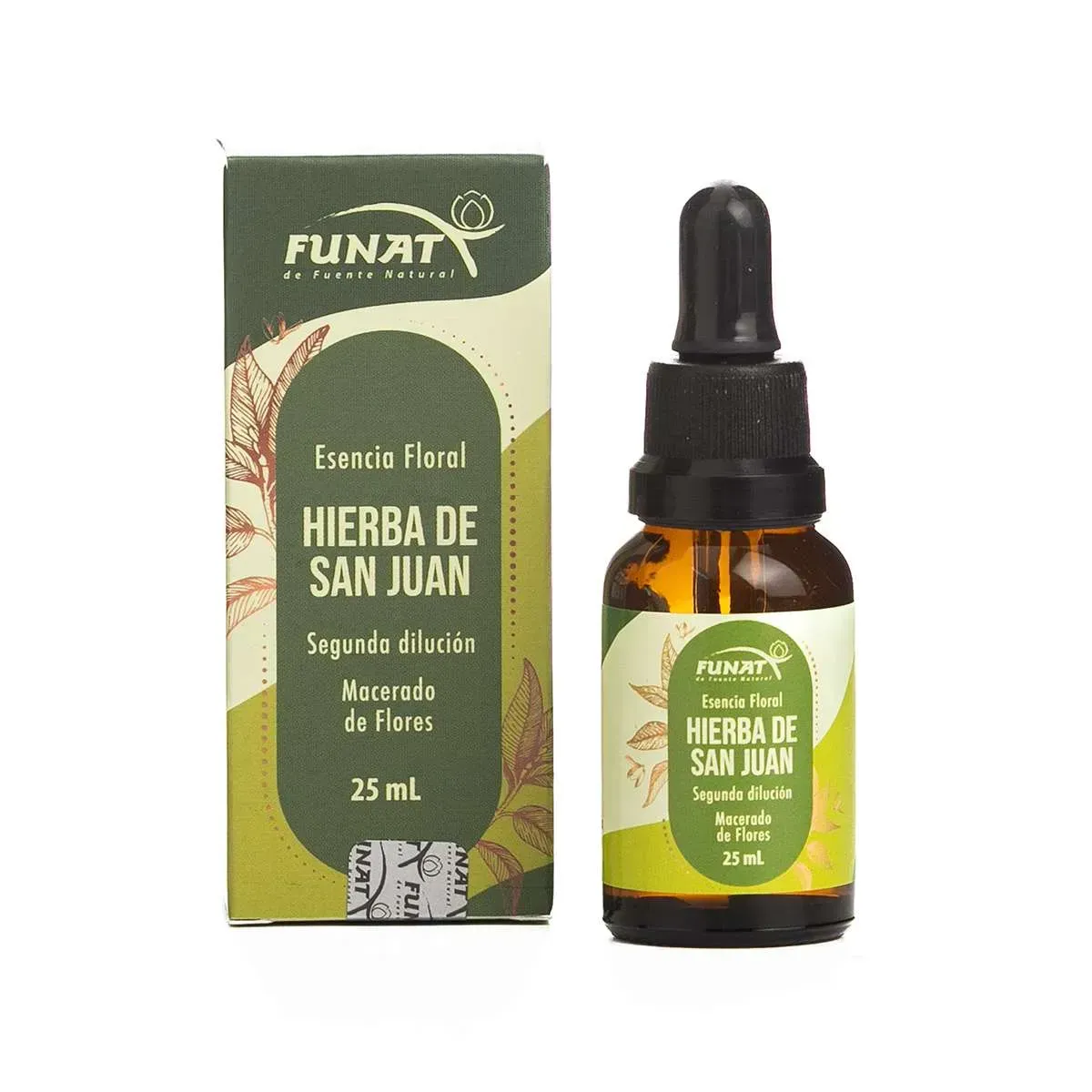 Frasco y caja de tintura de hierbas con la etiqueta “Hierba de San Juan”, envase verde, 25 ml.