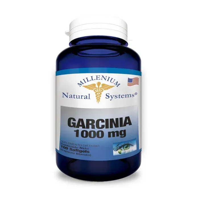 Frasco azul de suplemento de Garcinia 1000 mg de Millenium Natural Systems con tapa blanca.