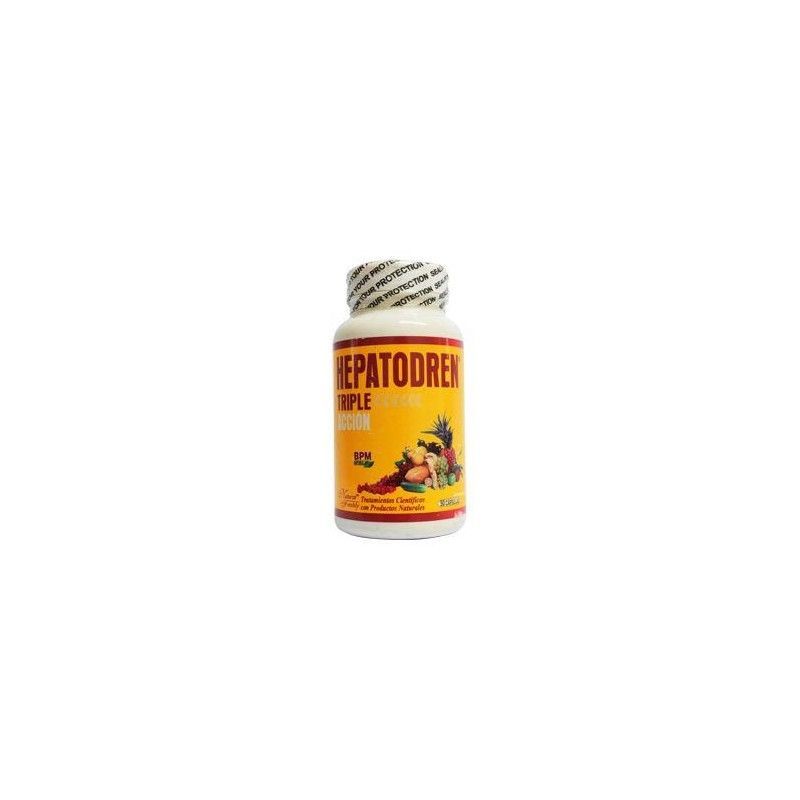 Frasco pequeño amarillo de HEPATODREN con tapón blanco y negro sobre fondo blanco.