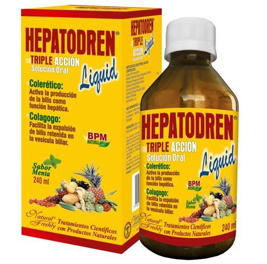 Frasco y caja del suplemento líquido Hepatodren en envase amarillo y naranja.