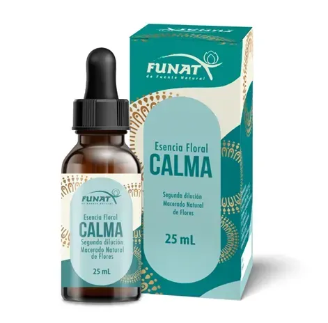 Frasco cuentagotas y caja de FUNAT Esencia Floral Calma de 25 ml sobre fondo blanco.