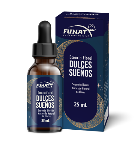 FUNAT Dulces Sueños 25 ml esencia floral en frasco cuentagotas ámbar con caja azul