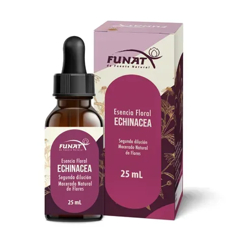 Esencia floral de equinácea Funat, 25 ml, en frasco cuentagotas ámbar y caja morada.
