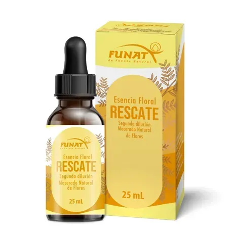 Frasco cuentagotas FUNAT Rescate floral de 25 ml y caja amarilla sobre fondo blanco