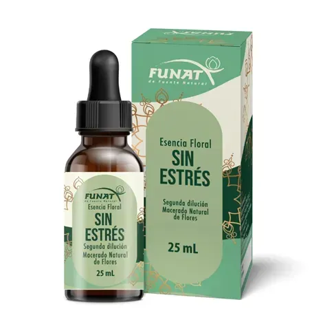 Frasco cuentagotas marrón y caja verde de esencia floral Funat “Sin Estrés”, 25 ml.