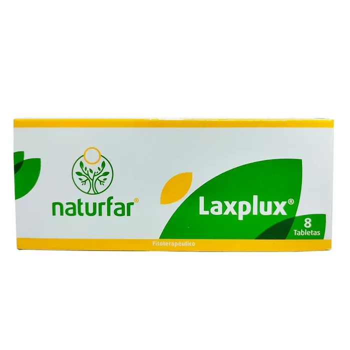 Caja de tabletas Naturfar Laxplux, envase blanco y verde con detalles amarillos.