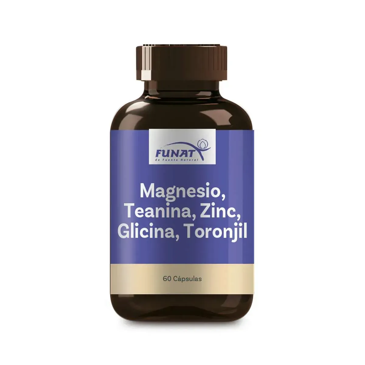 Frasco de suplemento marrón con etiqueta morada que dice “Magnesio, Teanina, Zinc, Glicina, Toronjil”