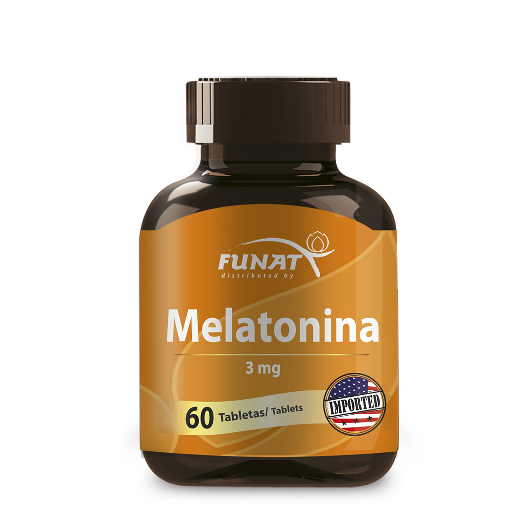 Frasco marrón de tabletas Funat Melatonina 3 mg, 60 unidades, con etiqueta naranja y tapa oscura.