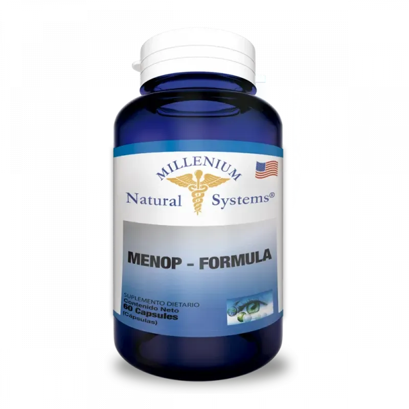Frasco azul del suplemento Menop-Formula de Millenium Natural Systems con tapa y etiqueta blancas.