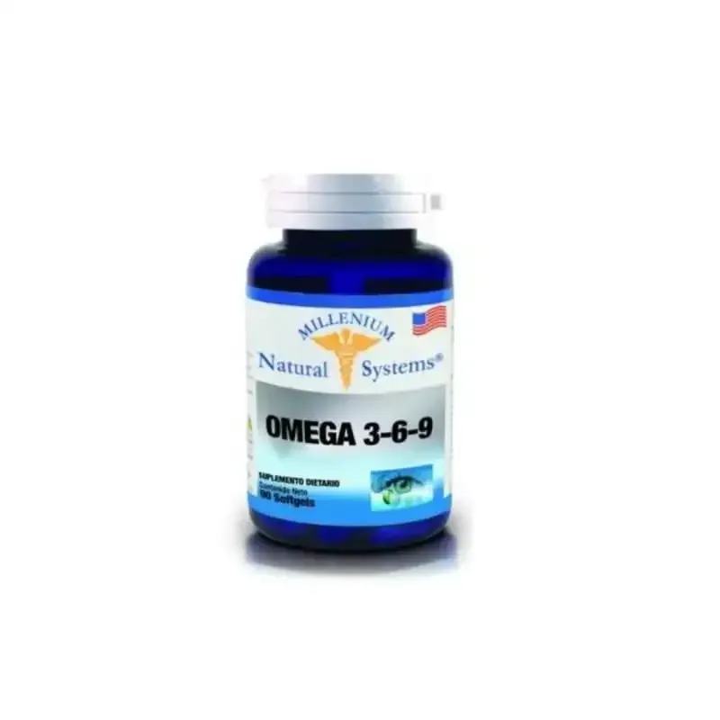Frasco de suplemento azul con la etiqueta “Omega 3-6-9” sobre fondo blanco.