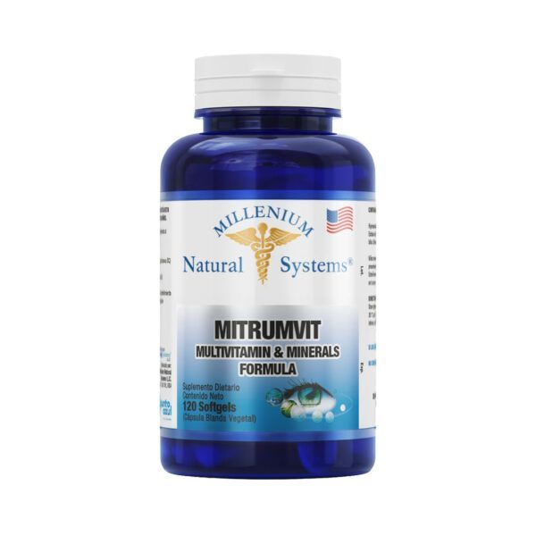 Frasco azul de la fórmula multivitamínica y mineral MTRBIVIT de Millenium Natural Systems con tapa blanca.