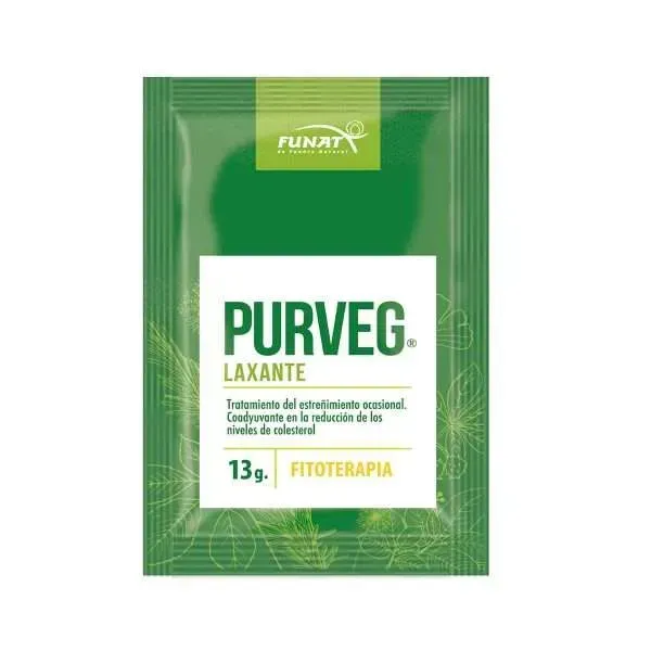 Sobre verde de laxante Purvec de Funat, 13 g, con etiqueta blanca y diseño botánico.