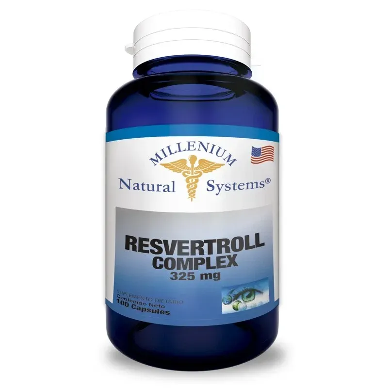 Frasco azul del suplemento dietético Millennium Natural Systems Resveratrol Complex de 325 mg