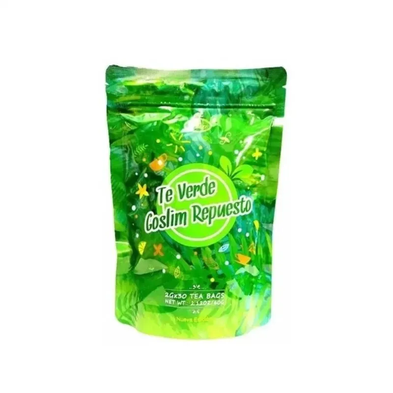 Bolsa verde con la etiqueta “Te Verde Coslim Repuesto”, diseño de hojas y tapa resellable.