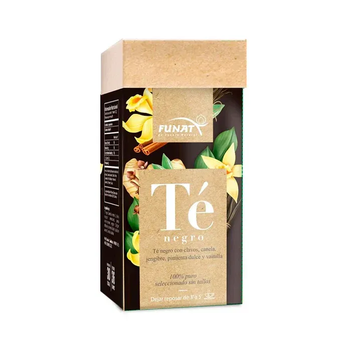 Caja negra y dorada de té negro con detalles florales y una ventana transparente.