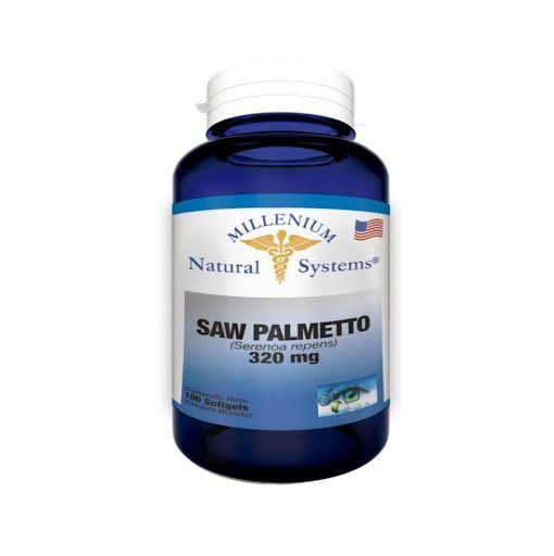 Frasco azul de suplemento de palma enana americana de 320 mg de Millenium Natural Systems con tapa blanca.