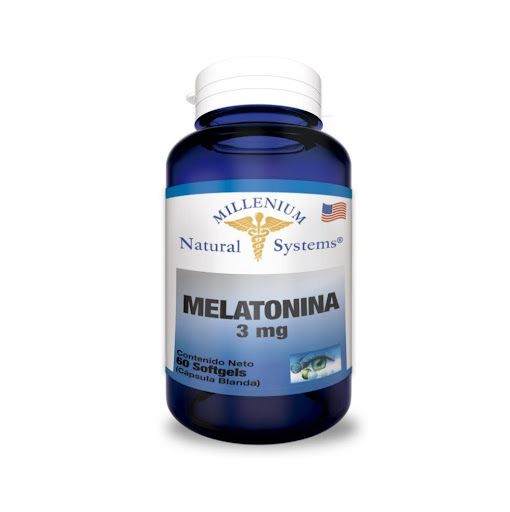 Frasco azul de suplemento de melatonina de 3 mg de Natural Systems con tapa y etiqueta blancas.