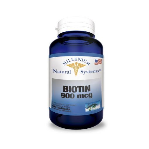 Frasco azul de suplemento de biotina natural de 900 mcg de Millenium Systems con tapa blanca.