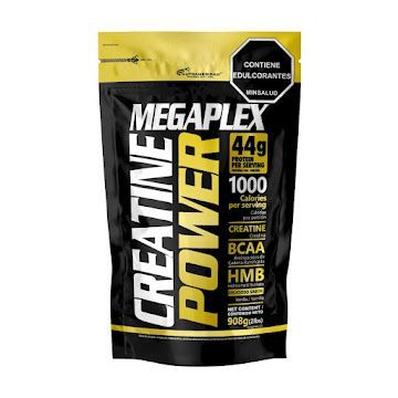 Bolsa de suplemento Megaplex Creatine Power en envase negro y amarillo con texto blanco en negrita.