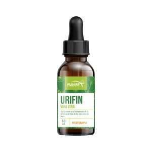 Frasco cuentagotas de color ámbar con la etiqueta “URIFIN” y etiqueta verde sobre fondo blanco.