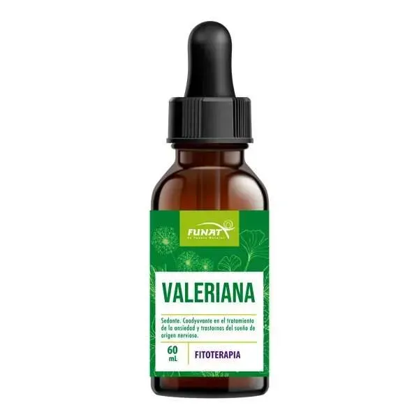 Frasco cuentagotas de color ámbar con la etiqueta “Valeriana” y una etiqueta verde sobre fondo blanco.