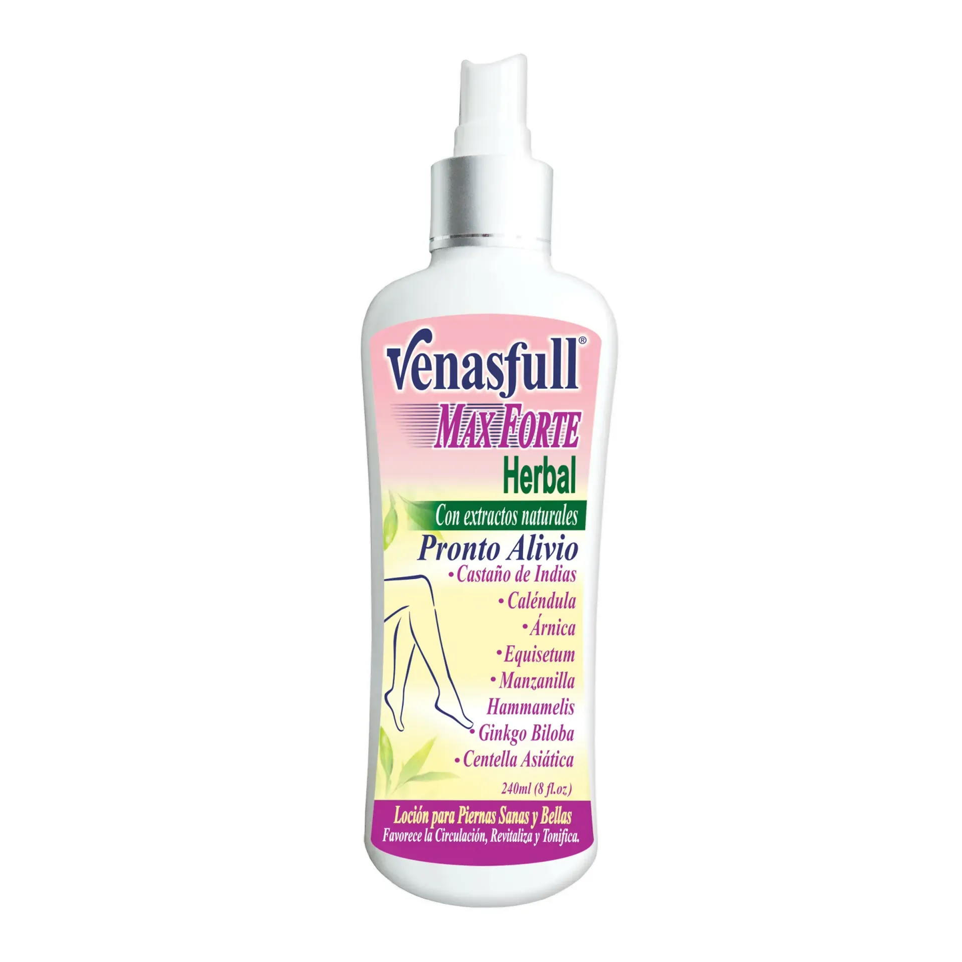Frasco pulverizador blanco de Venastyl, tratamiento capilar a base de hierbas, con etiqueta rosa y verde.