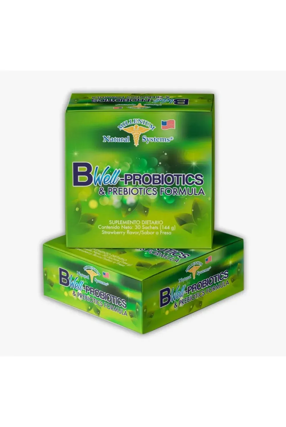 Envase de caja verde para suplementos probióticos con dos cajas apiladas y marca en azul verdoso.