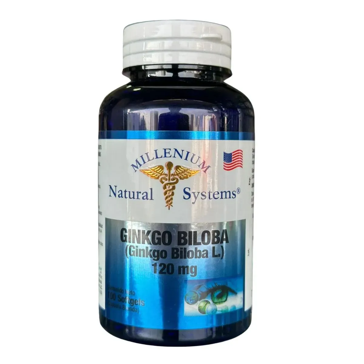 Frasco de suplemento dietético Ginkgo Biloba de Millennium Natural Systems con etiqueta azul y tapa blanca.