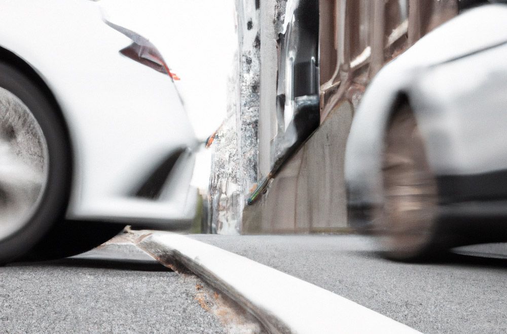 Two cars nearly colliding on a street.