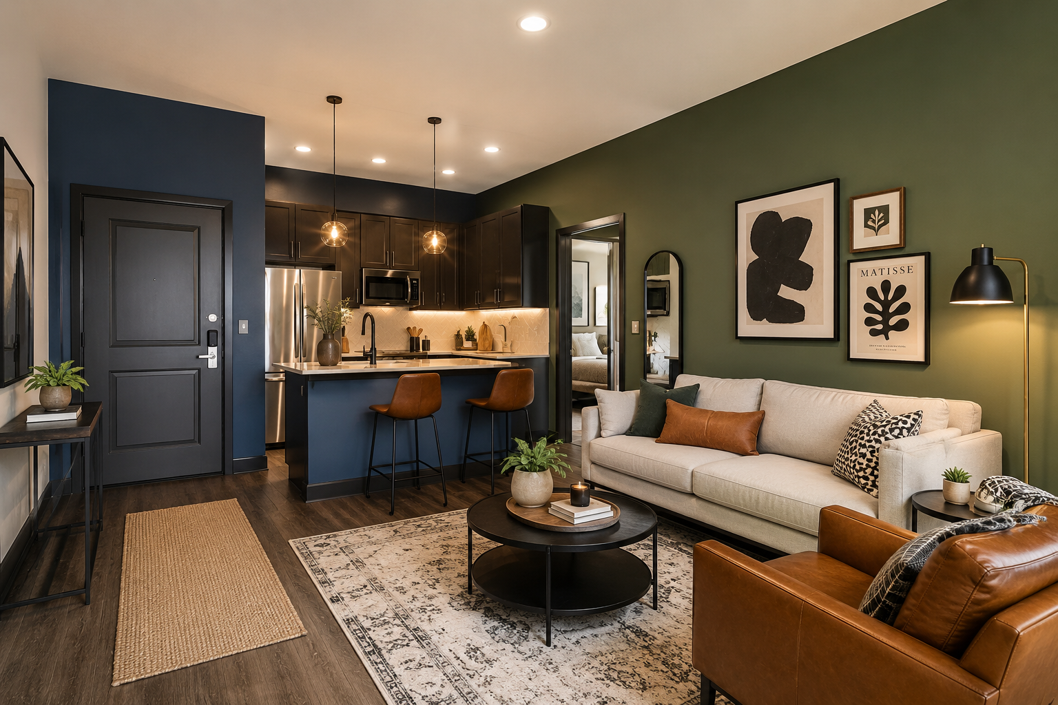 Modern living room with olive green walls, blue kitchen island, tan sofa, and black coffee table